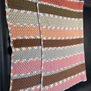Hand Crocheted Afghan Throw Blanket 36” x 58” Pink Brown Neutral Stripe Vintage